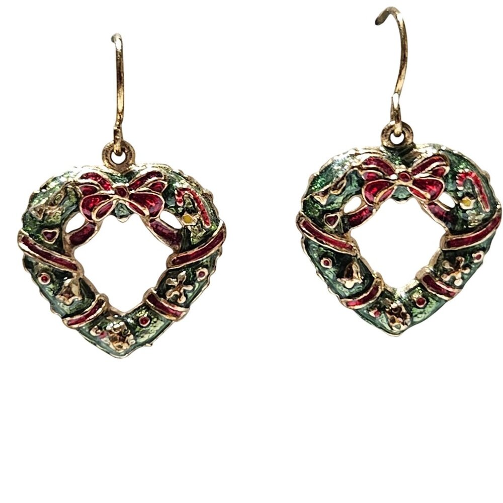Vintage Christmas Wreath Heart Dangle Earrings Gold Tone Holiday Jewelry Women